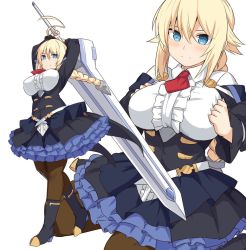 Rule 34 | 1girl, blazblue, blonde hair, blue eyes, braid, breasts, brown pantyhose, commentary request, dress, es (xblaze), frills, holding, holding sword, holding weapon, large breasts, long braid, long hair, multiple views, necktie, pantyhose, red neckwear, shiseki hirame, sword, weapon