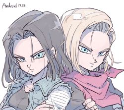 Rule 34 | 1boy, 1girl, alternate hair color, android 17, android 18, black hair, blonde hair, brother and sister, character name, crossed arms, cyborg, dragon ball, dragonball z, earrings, jewelry, looking at viewer, neckerchief, official style, siblings, smile, tkgsize, twins, upper body, vest