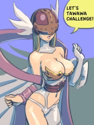 Rule 34 | 1girl, angel, angewomon, bandai, bare shoulders, blonde hair, breasts, cleavage, covered eyes, covered face, cowboy shot, digimon, digimon (creature), english text, engrish text, feathers, female focus, head wings, helmet, long hair, muramura hito, ranguage, solo, winged helmet, wings