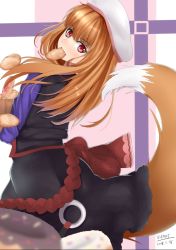 Rule 34 | 1girl, black jacket, black skirt, bread, brown hair, carrying bag, cowboy shot, doughnut, fang, food, food in mouth, from behind, hat, holo, jacket, looking at viewer, looking back, purple shirt, red eyes, shirt, skirt, solo, spice and wolf, tail, viktorf, wolf tail