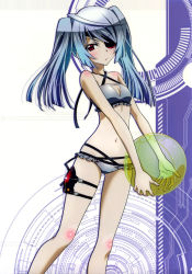 Rule 34 | 1girl, absurdres, ahoge, ball, beachball, bikini, blush, breasts, cleavage cutout, clothing cutout, eyepatch, grey bikini, halterneck, highres, infinite stratos, laura bodewig, long hair, multi-strapped bikini, navel, official art, red eyes, shiny skin, silver hair, small breasts, solo, sparkle, standing, swimsuit, thigh strap, twintails