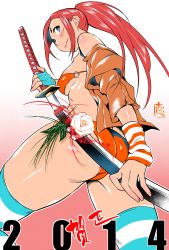 Rule 34 | 10s, 1girl, 2014, ass, bare shoulders, blue eyes, blue thighhighs, breasts, drawing sword, flower, halftone, halftone background, highres, holding, holding sword, holding weapon, katana, long hair, o-ring, o-ring top, ojo (dfreak), original, ponytail, red hair, sheath, smile, socks, solo, striped clothes, striped socks, striped thighhighs, sword, thighhighs, underboob, unsheathing, weapon