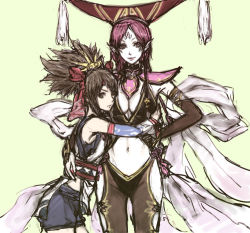 Rule 34 | 2girls, armpits, belt, black hair, breasts, brown eyes, cleavage, da ji, detached sleeves, egawa satsuki, facial mark, flat chest, forehead mark, hair ornament, hand on own hip, hat, headband, himiko (musou orochi), hip focus, hug, japanese clothes, large breasts, lipstick, looking back, makeup, midriff, multiple girls, musou orochi, musou orochi 2, navel, no bra, pale skin, pink hair, pointy ears, ponytail, purple eyes, sash, shorts, shoulder pads, simple background, smile, spiked hair, standing, turtleneck, yuri
