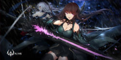 Rule 34 | 2girls, bare shoulders, battle, black dress, black legwear, breasts, brown hair, cleavage, detached collar, dress, gauntlets, highres, looking at viewer, medium breasts, multiple girls, original, parted lips, pink eyes, pixiv fantasia, pixiv fantasia t, smile, swd3e2, sword, thighhighs, weapon, white hair