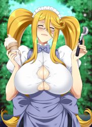 Rule 34 | 1girl, :d, alternate costume, alternate hairstyle, blonde hair, blue bow, blue bowtie, blue skirt, bow, bowtie, breasts, bursting breasts, button gap, centorea shianus, cleavage, closed eyes, commentary, day, english commentary, facing viewer, glasses, hair between eyes, head tilt, high-waist skirt, highres, holding, huge breasts, ice cream cone, ice cream spoon, large tail, light blush, lindaroze, long hair, maid headdress, monster musume no iru nichijou, open mouth, outdoors, paid reward available, puffy short sleeves, puffy sleeves, rectangular eyewear, semi-rimless eyewear, shirt, short sleeves, sidelocks, skirt, smile, solo, sparkle, spoon, suspender skirt, suspenders, tail, twintails, under-rim eyewear, underbust, upper body, very long hair, white shirt