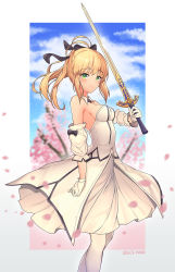 Rule 34 | 1girl, antenna hair, artoria pendragon (all), artoria pendragon (fate), black bow, blonde hair, blue sky, blurry, blurry background, bow, breasts, caliburn (fate), carnival phantasm, cherry blossoms, cloud, cloudy sky, commentary, day, dduck kong, depth of field, detached sleeves, dress, fate/grand order, fate/stay night, fate/unlimited codes, fate (series), gloves, gradient background, green eyes, grey background, hair bow, highres, holding, holding sword, holding weapon, long hair, medium breasts, outdoors, pantyhose, petals, ponytail, puffy short sleeves, puffy sleeves, saber lily, short sleeves, sidelocks, sky, solo, strapless, strapless dress, sword, weapon, white background, white dress, white gloves, white pantyhose