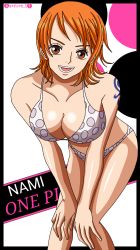 Rule 34 | 1girl, bikini, breasts, brown eyes, character name, cleavage, darkuro 27, female focus, hands on own knees, large breasts, leaning forward, nami (one piece), one piece, orange hair, polka dot, polka dot bikini, short hair, swimsuit, tattoo, text focus