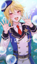 Rule 34 | 1boy, aina123, badge, belt, blonde hair, blue headwear, blurry, blurry background, blurry foreground, blush, bubble, buttons, chromatic aberration, collared shirt, commentary request, cowboy shot, dated, double-breasted, ensemble stars!, eyelashes, hair between eyes, hands up, lens flare, long sleeves, male focus, medium hair, necktie, nito nazuna, open hands, open mouth, red eyes, red necktie, shirt, signature, single sidelock, sleeveless, sleeveless jacket, solo, sparkle, teeth, trap, upper teeth only