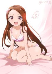 Rule 34 | 1girl, :d, arm support, bare legs, barefoot, bow, bow bra, bra, breasts, brown hair, cleavage, feet, gradient background, hairband, idolmaster, idolmaster (classic), inoue sora, leaning forward, long hair, looking at viewer, minase iori, open mouth, panties, pink bra, pink eyes, pink panties, print panties, sitting, small breasts, smile, solo, swept bangs, twitter username, underwear, underwear only, waifu2x, wariza