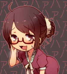 Rule 34 | 1girl, :3, :d, ahoge, arm up, bent over, blush, brown eyes, brown hair, capelet, chibi, dress, drooling, glasses, hair bun, koorizu, looking at viewer, open mouth, original, outline, red dress, ribbon, saliva, scratching head, scrunchie, short sleeves, single hair bun, smile, solo, sweatdrop, translation request