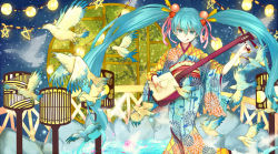 Rule 34 | bad id, bad pixiv id, bird, hatsune miku, instrument, japanese clothes, lantern, solo, tanaka (colorcorn), tongue, twintails, vocaloid