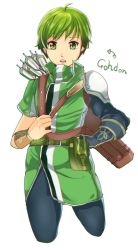 Rule 34 | 1boy, armor, arrow (projectile), bow (weapon), fire emblem, fire emblem: mystery of the emblem, fire emblem: new mystery of the emblem, fire emblem: shadow dragon, gordin (fire emblem), green hair, looking at viewer, male focus, nintendo, pauldrons, shoulder armor, simple background, solo, weapon, white background