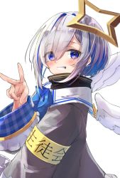 Rule 34 | 1girl, amane kanata, angel wings, armband, blue eyes, blue hair, blush, bob cut, clothes writing, commentary request, grin, halo, highres, hololive, long sleeves, looking at viewer, multicolored hair, namaonpa, short hair, silver hair, simple background, smile, solo, star halo, streaked hair, translation request, upper body, v, virtual youtuber, white background, white wings, wings
