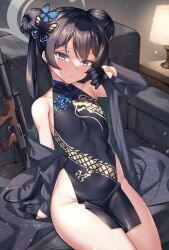 Rule 34 | 1girl, arm support, bare shoulders, black coat, black dress, black gloves, black hair, blue archive, blue eyes, china dress, chinese clothes, coat, commentary request, couch, double bun, dress, gloves, groin, gun, hair bun, highres, indoors, kisaki (blue archive), lamp, long hair, looking at viewer, off shoulder, open clothes, open coat, rifle, shirokuma a, short dress, sitting, sleeveless, sleeveless dress, solo, thighs, twintails, very long hair, weapon