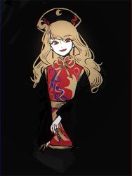 Rule 34 | belt, black background, black hat, hat, highres, junko (touhou), konoha217, one-hour drawing challenge, simple background, solo, tabard, tagme, touhou, wavy hair, yellow belt