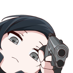 Rule 34 | 1girl, aiming, aiming at viewer, black gloves, black hair, call of duty, call of duty: black ops cold war, call of duty: mobile, call of duty: warzone, close-up, closed mouth, commentary, fingerless gloves, frown, gloves, grey eyes, grey jacket, gun, gun pointing at viewer, hand pointing a gun (meme), handgun, helen a. park, holding, holding gun, holding weapon, jacket, looking at viewer, looking down, m1911, meme, narchiart, short hair, simple background, smug, solo, weapon, white background