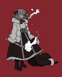 Rule 34 | 1girl, 1other, absurdres, adipocere (vocaloid), black bow, black corset, black skirt, blush, boots, bow, breath, brown coat, brown footwear, coat, corset, cross-laced footwear, dragging, dress shirt, floating hair, frilled skirt, frills, full body, fur-trimmed coat, fur collar, fur trim, hair bow, half-closed eyes, highres, holding, holding torch, hood, hood up, jacket, lace-up boots, long skirt, looking at viewer, moge (moge morgen), neck ribbon, nose blush, open mouth, pink hair, red background, ribbon, shirt, short twintails, simple background, skirt, torch, twintails, vocaloid, white eyes, white jacket