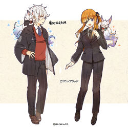 1boy 1girl :d alternate_hairstyle animal animal_on_shoulder arm_at_side black_footwear black_jacket black_necktie black_pants black_ribbon black_suit blue_eyes blue_necktie blunt_bangs brown_footwear cosplay diagonal-striped_clothes diagonal-striped_necktie eyepatch fate/grand_order fate_(series) formal_clothes fou_(fate) fujimaru_ritsuka_(female) fujimaru_ritsuka_(female)_(cosplay) fujimaru_ritsuka_(female)_(royal_brand) fujimaru_ritsuka_(male) fujimaru_ritsuka_(male)_(cosplay) fujimaru_ritsuka_(male)_(mage&#039;s_association_uniform) full_body grey_hair grey_shirt hair_over_one_eye hair_ribbon hand_up jacket kadoc_zemlupus long_hair long_sleeves looking_at_animal necktie open_clothes open_jacket open_mouth ophelia_phamrsolone orange_hair pants red_sweater ribbon shirt shoes short_hair side_ponytail smile standing striped_clothes suit sweatdrop sweater twitter_username two-tone_background white_background white_shirt wide_sleeves worrisorochi yellow_background