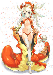 Rule 34 | 1girl, armlet, bare shoulders, bikini, blonde hair, blue eyes, blush, bow, bracelet, breasts, cleavage, criss-cross halter, echidna (p&amp;d), halterneck, halterneck, jewelry, long hair, looking at viewer, lots of jewelry, navel, open mouth, puzzle &amp; dragons, skindentation, smile, snake tail, solo, swimsuit, tail, thigh gap, thighhighs, underboob, white thighhighs, yoshiwo