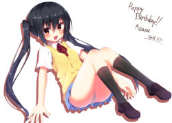 Rule 34 | 10s, 1girl, 2016, black hair, blue skirt, brown eyes, character name, happy birthday, k-on!, long hair, nakano azusa, neck ribbon, open mouth, panties, pantyshot, pleated skirt, red ribbon, ribbon, school uniform, sitting, skirt, solo, sweater vest, twintails, underwear, yodosu915