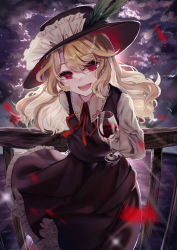 Rule 34 | 1girl, :d, alcohol, backlighting, black dress, black hat, blonde hair, breasts, cloud, cloudy sky, commentary request, cup, dress, drinking glass, feet out of frame, fisheye, hair between eyes, hat, highres, holding, holding cup, ishikawa sparerib, jacket girl (dipp), light blush, long hair, long sleeves, looking at viewer, open mouth, outdoors, petticoat, railing, red eyes, red neckwear, red ribbon, ribbon, sky, small breasts, smile, solo, touhou, twilight, wine, wine glass