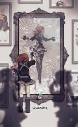 Rule 34 | 3girls, black footwear, black gloves, black scrunchie, black shirt, boots, bouquet, broken glass, card, clenched hand, drawing (object), eyes in shadow, facing away, fate/grand order, fate (series), florence nightingale (fate), flower, from behind, fujimaru ritsuka (female), fujimaru ritsuka (female) (polar chaldea uniform), full body, gerda (fate), glass, gloves, goetia (fate), grey skirt, hair between eyes, hair ornament, hair scrunchie, holding, holding bouquet, itoma (itoma51), looking at another, marie antoinette (fate), medium hair, merlin (fate), multiple girls, one side up, orange hair, patxi (fate), picture frame, pink flower, red eyes, romani archaman, scrunchie, sepia background, shirt, sideways glance, silhouette, skirt, solo focus, standing, tarot, the sun (tarot)
