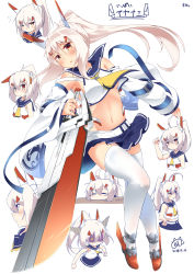Rule 34 | 1girl, absurdres, armpits, ascot, ayanami (azur lane), azur lane, belt, breasts, chibi, commentary request, dated, detached sleeves, eyes visible through hair, full body, hair ornament, hairclip, head tilt, headgear, highres, holding, holding sword, holding weapon, inori (xyz5568), long hair, looking at viewer, midriff, navel, orange eyes, parted lips, pleated skirt, ponytail, retrofit (azur lane), school uniform, serafuku, sidelocks, signature, silver hair, skirt, solo, sword, thighhighs, translation request, underboob, weapon, white thighhighs, wide sleeves, zettai ryouiki