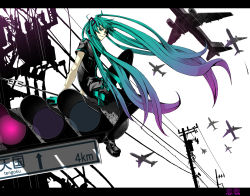 Rule 34 | 1girl, absurdres, aircraft, airplane, green eyes, green hair, hatsune miku, highres, koi wa sensou (vocaloid), letterboxed, long hair, matching hair/eyes, md5 mismatch, pantyhose, power lines, sitting, smile, solo, traffic light, twintails, velzhe, very long hair, vocaloid