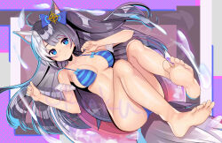 Rule 34 | 1girl, absurdres, animal ear fluff, animal ears, bare legs, bare shoulders, barefoot, bikini, black hair, blush, breasts, character request, check character, fox ears, fox girl, fox tail, full body, grey hair, hair ornament, highres, kuka, long hair, looking at viewer, medium breasts, multicolored hair, mysteria ~occult shadows~, solo, swimsuit, tail, two-tone hair, very long hair