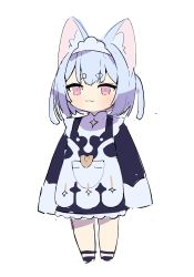 Rule 34 | 1girl, :3, absurdres, animal ear fluff, animal ears, blue hair, cat ears, chibi, dress, frilled dress, frills, hajime (hajime-ill-1st), highres, light blue hair, long sleeves, maid, maid headdress, original, purple eyes, short hair, simple background, sleeves past fingers, sleeves past wrists, solo, thick eyebrows, twintails, white background