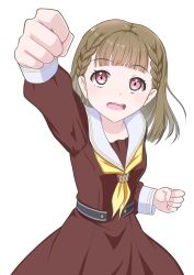 Rule 34 | 1girl, blunt bangs, braid, brown dress, brown hair, center-flap bangs, clenched hands, cowboy shot, dress, facing viewer, hashtag-only commentary, hasu no sora school uniform, highres, kachimachi kosuzu, link! like! love live!, long hair, long sleeves, looking up, love live!, mimkai, neckerchief, open mouth, pink eyes, pleated dress, raised fist, sailor collar, sailor dress, school uniform, side ahoge, side braids, simple background, smile, solo, straight hair, virtual youtuber, white background, white sailor collar, winter uniform, yellow neckerchief