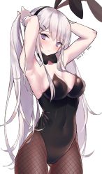 Rule 34 | 1girl, animal ears, armpits, arms up, artist name, azur lane, bare shoulders, black bow, black bowtie, black hairband, black pantyhose, bow, bowtie, breasts, cleavage, closed mouth, covered navel, dated, enterprise (azur lane), fake animal ears, fishnet pantyhose, fishnets, hairband, leotard, long hair, looking at viewer, medium breasts, mimelond, pantyhose, playboy bunny, purple eyes, rabbit ears, silver hair, simple background, solo, standing, white background
