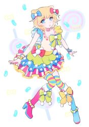 Rule 34 | 1girl, blonde hair, blue eyes, boots, candy, dress, food, lollipop, looking at viewer, moa (21energy12), pretty series, simple background, solo, thighhighs, twitter, white background