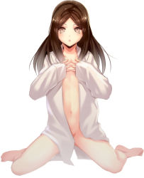 Rule 34 | 1girl, :o, bad id, bad pixiv id, barefoot, bottomless, brown eyes, brown hair, flat chest, hands on own chest, ktsis, long hair, looking at viewer, naked shirt, no panties, open clothes, open shirt, original, pajamas, shirt, simple background, sitting, sleeves past wrists, solo, wariza, white background