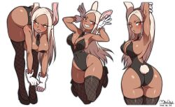 Rule 34 | 1girl, absurdres, animal ears, armpits, arms up, ass, bare shoulders, black bow, black bowtie, black leotard, boku no hero academia, bow, bowtie, breasts, cleavage, covered navel, dark-skinned female, dark skin, detached collar, fishnet thighhighs, fishnets, highleg, highleg leotard, highres, large breasts, leotard, long eyelashes, long hair, looking at viewer, maydaykiki, mirko, parted bangs, parted lips, playboy bunny, rabbit ears, rabbit girl, rabbit tail, red eyes, smile, solo, strapless, strapless leotard, tail, thighhighs, thighs, toned, very long hair, white background, white hair