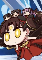 Rule 34 | 4girls, april fools, black bow, black hair, black wings, blush stickers, bow, chibi, facial mark, fate/grand order, fate (series), feathered wings, flying, forehead mark, giant, giantess, hair bow, highres, horns, ishtar (fate), long hair, multiple girls, multiple persona, o o, official art, on person, one eye closed, pink hair, riding, riyo (lyomsnpmp), smile, space ishtar (fate), space ishtar (first ascension) (fate), space ishtar (second ascension) (fate), space ishtar (third ascension) (fate), star (symbol), star facial mark, twintails, wings, yellow eyes