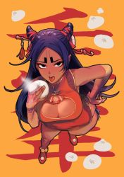 Rule 34 | 1girl, 48hrsinaday, absurdres, breasts, character request, china dress, chinese clothes, cleavage, cleavage cutout, clothing cutout, dark-skinned female, dark skin, dress, elbow gloves, fingerless gloves, fingernails, food, from above, genderswap, genderswap (mtf), gloves, golden kamuy, hair ornament, hand on own hip, highres, holding, holding food, koito otonoshin, large breasts, long hair, looking at viewer, open mouth, panties, purple hair, side-tie panties, simple background, sleeveless, solo, standing, teeth, tongue, tongue out, underwear, upper teeth only