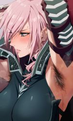 Rule 34 | 1girl, armor, armpit focus, armpit hair, armpits, arms up, blue eyes, blush, breasts, close-up, commentary request, curly hair, ear blush, embarrassed, eyelashes, eyes visible through hair, final fantasy, final fantasy xiii, hair over one eye, highres, ishii takamori, large breasts, lightning farron, lightning returns: final fantasy xiii, long hair, looking away, looking to the side, medium breasts, open mouth, parted lips, pink hair, presenting armpit, sidelocks, solo, square enix, steam, steaming body, sweat, upper body