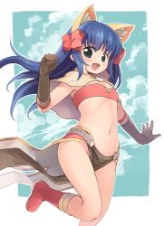 Rule 34 | 1girl, animal ear fluff, animal ears, bikini, bikini top only, blue eyes, blue hair, blush, boots, bow, brown capelet, brown gloves, capelet, cat ears, commentary request, elbow gloves, emurin, flat chest, foot out of frame, gloves, hair bow, highres, long hair, looking at viewer, mage (ragnarok online), majiko (emurin), midriff, navel, open mouth, pelvic curtain, ragnarok online, red bikini, red bow, red footwear, red skirt, showgirl skirt, skirt, smile, solo, star-shaped pupils, star (symbol), strapless, strapless bikini, swimsuit, symbol-shaped pupils