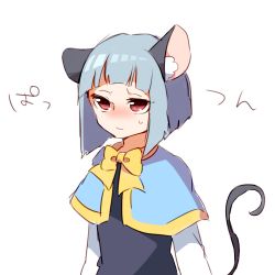 Rule 34 | 1girl, alternate hairstyle, animal ears, blush, bob cut, capelet, dress, embarrassed, kozakura (dictionary), mouse ears, mouse tail, nazrin, silver hair, solo, sweatdrop, tail, touhou, white background