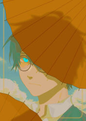 Rule 34 | 1boy, absurdres, blue background, blue eyes, closed mouth, cloud, collared shirt, day, glasses, haori, highres, japanese clothes, koshotengai no hashihime, looking at viewer, male focus, oil-paper umbrella, one eye covered, round eyewear, shirt, shrount, simple background, solo, tamamori (koshotengai no hashihime), umbrella, white shirt
