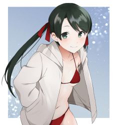 Rule 34 | 1girl, bikini, bikini under clothes, black hair, breasts, cowboy shot, grey eyes, hair ribbon, hand in pocket, highres, hood, hooded jacket, hoodie, jacket, kantai collection, long hair, looking at viewer, mikuma (kancolle), open clothes, open jacket, red bikini, red ribbon, ribbon, small breasts, smile, solo, swimsuit, swimsuit under clothes, toriniku senshi chikinman, twintails, white jacket