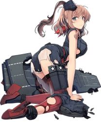 Rule 34 | 10s, 1girl, breast pocket, breasts, full body, hair between eyes, kantai collection, large breasts, long hair, looking at viewer, looking back, lowres, magazine (weapon), neckerchief, official art, pocket, red neckerchief, red thighhighs, saratoga (kancolle), saratoga kai (kancolle), saratoga mk ii (kancolle), shizuma yoshinori, solo, thighhighs, torn clothes, torn thighhighs, transparent background