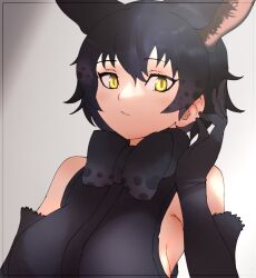 Rule 34 | 1girl, animal ears, bare shoulders, black bow, black bowtie, black gloves, black hair, black serval (kemono friends), black shirt, bow, bowtie, cat ears, cat girl, cats yone, elbow gloves, extra ears, gloves, grey background, highres, kemono friends, kemono friends 3, looking at viewer, shirt, short hair, simple background, sleeveless, sleeveless shirt, solo, upper body, yellow eyes
