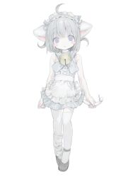 Rule 34 | 1girl, ahoge, animal ears, apron, bare shoulders, bell, cat ears, cat girl, cat tail, dress, expressionless, full body, grey eyes, grey hair, highres, jingle bell, looking at viewer, maid, maid apron, maid headdress, original, short dress, short hair, simple background, solo, tail, thighhighs, white background, white thighhighs, youyuu (melt yo103), zettai ryouiki