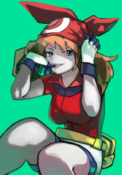 Rule 34 | 1girl, aqua background, bandana, bike shorts, biting, blue eyes, breasts, brown hair, creatures (company), fanny pack, game freak, glove biting, gloves, hand on own head, hands up, large breasts, long hair, looking at viewer, may (pokemon), miniskirt, momomomomoa, multicolored clothes, multicolored gloves, nintendo, pokemon, pokemon rse, red shirt, shirt, shorts, shorts under skirt, sitting, skirt, solo, teeth, white skirt