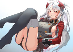 Rule 34 | 1girl, absurdres, antenna hair, ass, azur lane, black gloves, black panties, black thighhighs, blush, breasts, closed mouth, commentary, commentary request, dress, full body, garter straps, gloves, gradient background, grey background, grey dress, grey hair, hair between eyes, headgear, highres, knees up, large breasts, long hair, long sleeves, looking at viewer, lying, moyoron, multicolored hair, no shoes, on back, orange eyes, panties, parted bangs, prinz eugen (azur lane), red hair, sideboob, sleeves past wrists, solo, spot color, streaked hair, thighhighs, two side up, underwear, very long hair, white background