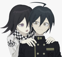 Rule 34 | 2boys, ahoge, bad id, bad twitter id, black hair, black jacket, breast pocket, buttons, checkered background, checkered clothes, checkered neckwear, checkered scarf, commentary, danganronpa (series), danganronpa v3: killing harmony, double-breasted, frown, gakuran, grey background, hair between eyes, hands on another&#039;s shoulders, hhaharaa (23454s), highres, holding, jacket, long sleeves, looking at another, male focus, multiple boys, oma kokichi, open mouth, pocket, purple eyes, saihara shuichi, scarf, school uniform, simple background, straitjacket, striped, striped clothes, striped jacket, sweatdrop, teeth, upper body, upper teeth only, vertical stripes, white background