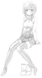 Rule 34 | 10s, 1girl, 3:, ankle boots, arm support, barefoot, blush, boots, unworn boots, full body, greyscale, kantai collection, monochrome, short hair, simple background, sino (sionori), sitting, solo, taihou (kancolle), thighhighs, toeless legwear, toes, white background