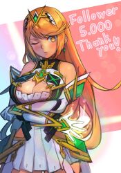 Rule 34 | 1girl, arms under breasts, bare shoulders, blonde hair, breasts, cleavage, cleavage cutout, closed mouth, clothing cutout, crossed arms, dress, earrings, elbow gloves, gloves, highres, jewelry, large breasts, long hair, looking at viewer, milestone celebration, mythra (xenoblade), one eye closed, r123, solo, swept bangs, thank you, white dress, white gloves, xenoblade chronicles (series), xenoblade chronicles 2, yellow eyes